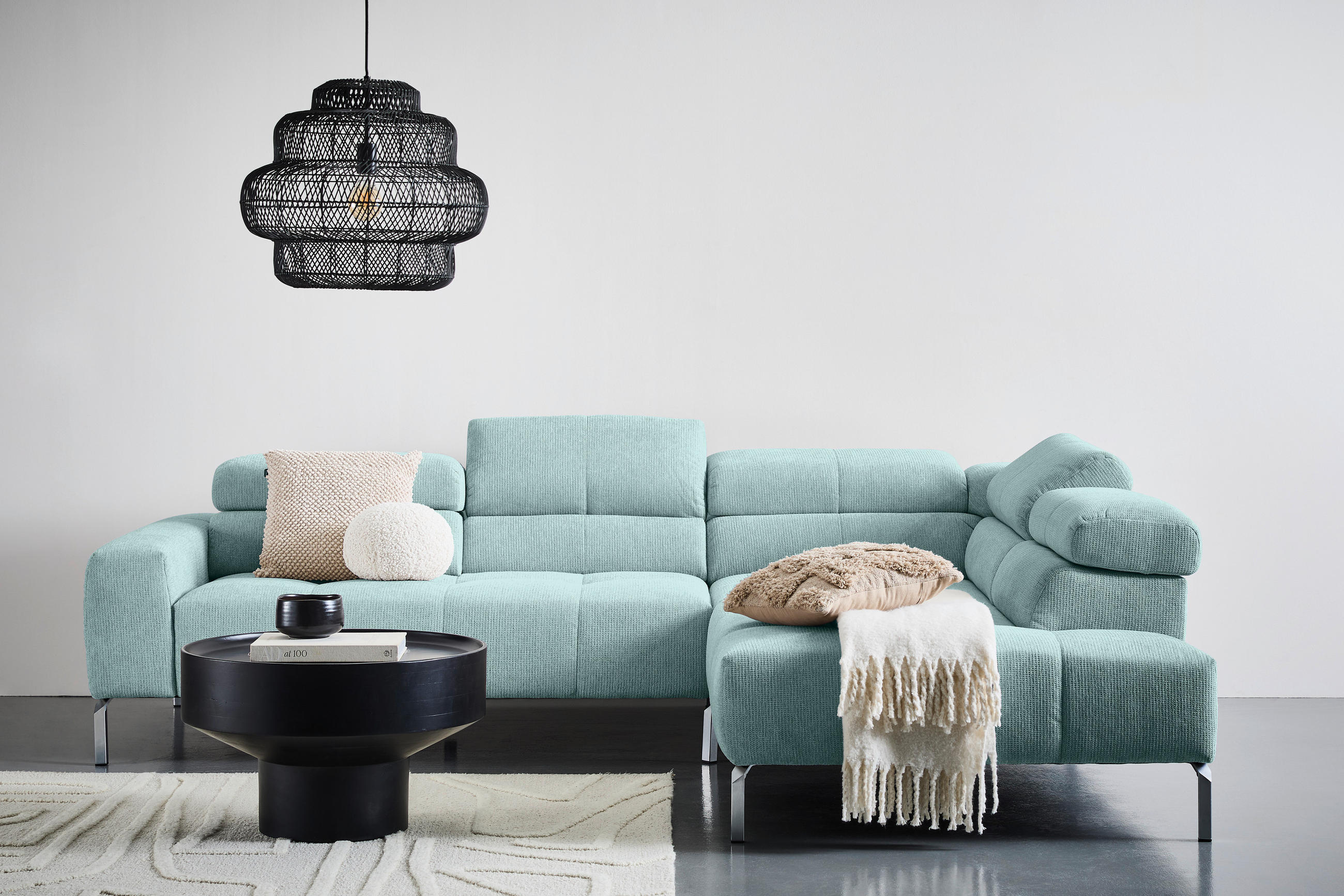 ECKSOFA Salbeigrün Flachgewebe  - Chromfarben/Salbeigrün, KONVENTIONELL, Textil/Metall (282/224cm) - Hom`in