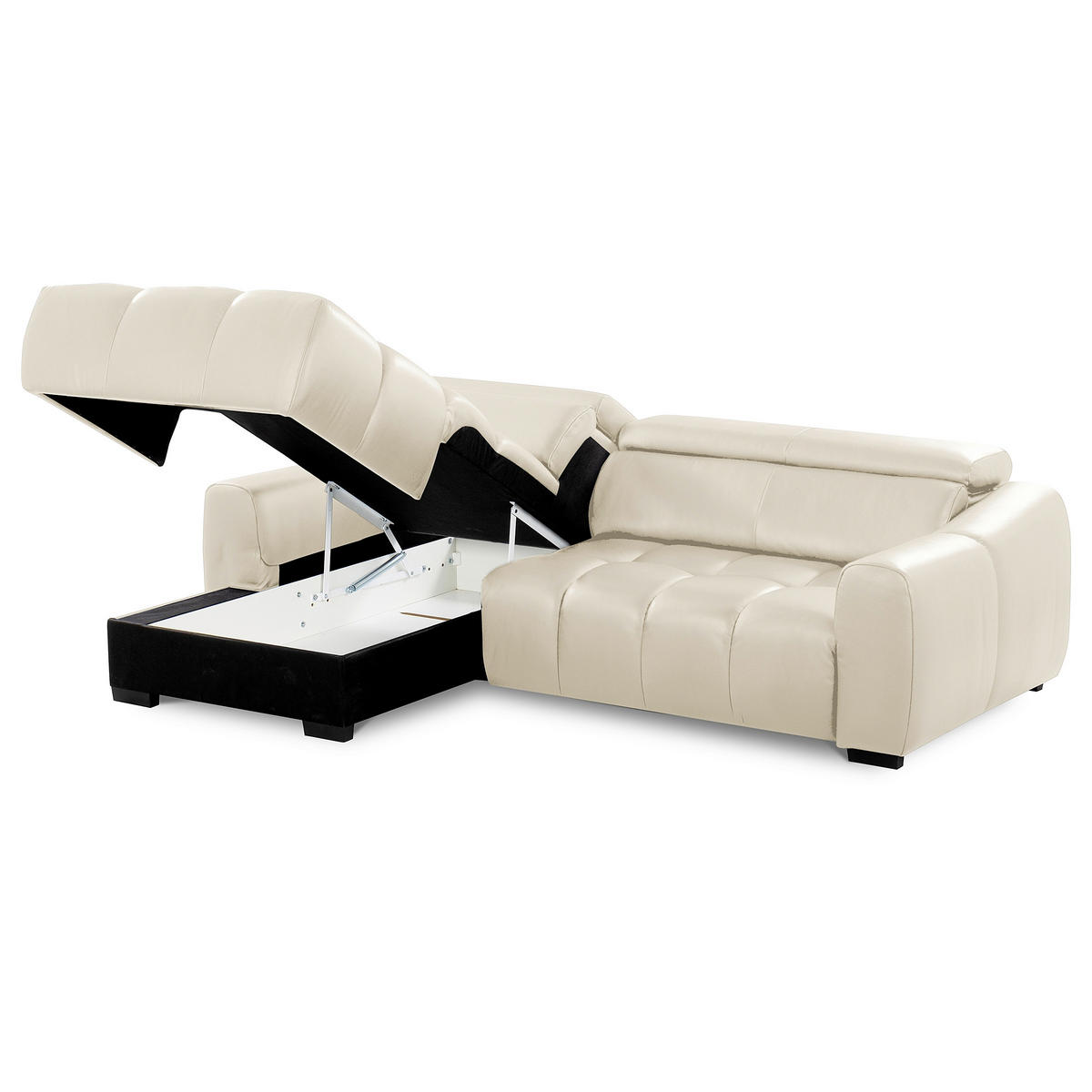 ECKSOFA 177/274 cm AVEIRO in Echtleder Creme Bettkasten, Kopfteilverstellung, Sitzvorzug  177/274 cm  - Creme/Schwarz, Design, Leder/Kunststoff (177/274cm) - Livetastic