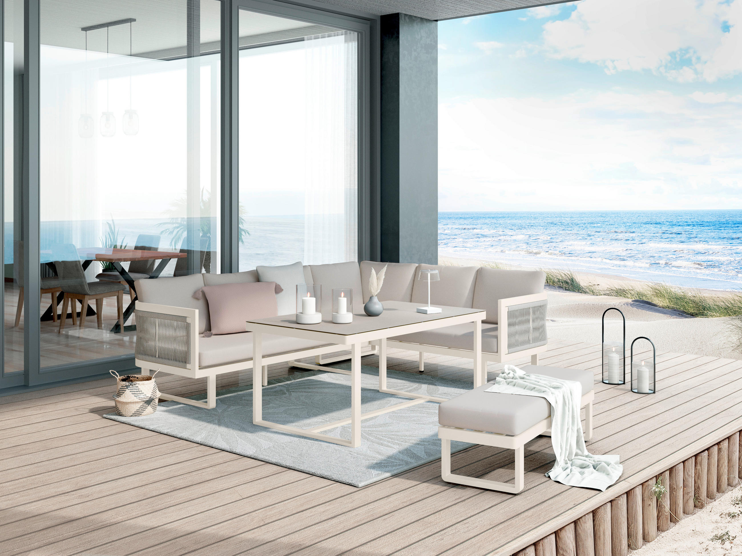 DINING-LOUNGESET Aluminium  - Beige/Hellgrau, Design, Glas/Kunststoff - Amatio