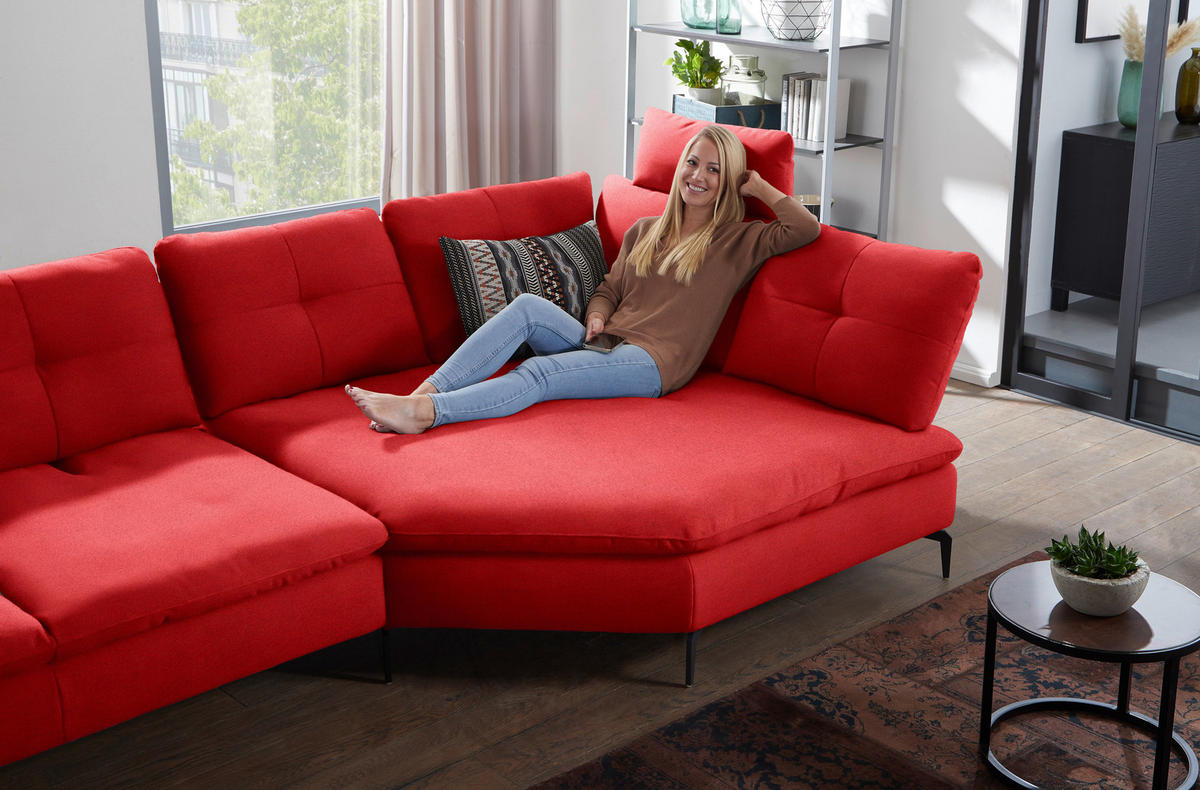 ECKSOFA in Flachgewebe Hellrot  - Hellrot/Schwarz, Design, Textil/Metall (344/157cm) - Chilliano