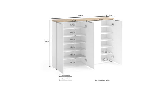 SCHUHSCHRANK 160,4/115/34 cm  - Eichefarben/Alufarben, Design, Holzwerkstoff/Kunststoff (160,4/115/34cm) - Xora