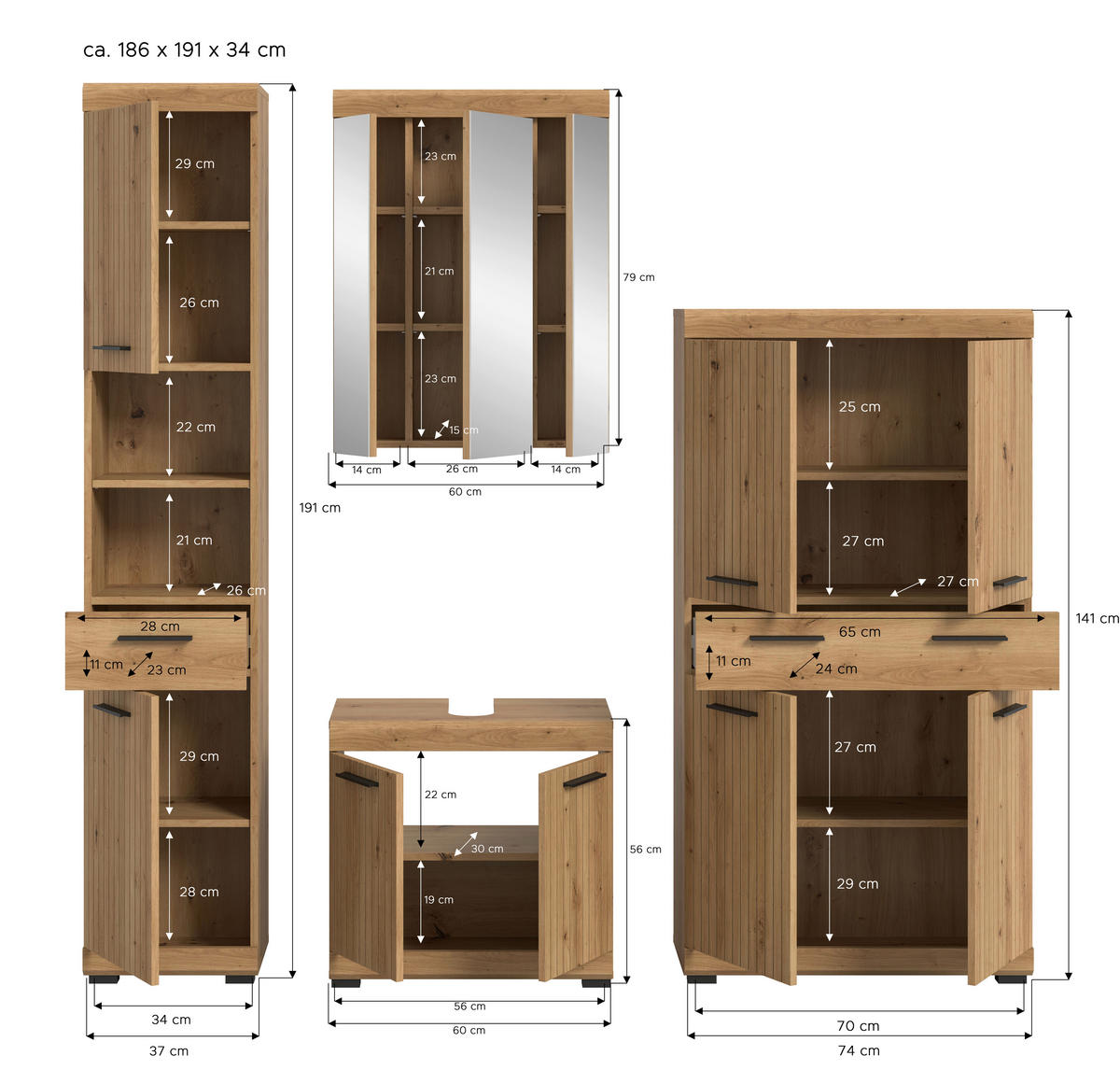 BADRUM 171 cm  - svart/ek Artisan, Trend, trämaterial/glas (171cm) - MID.YOU
