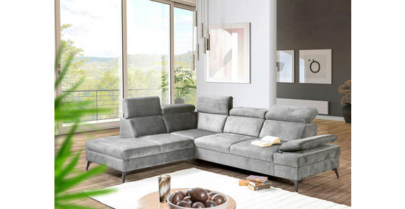 ECKSOFA Greige Flachgewebe Rücken echt, Kopfteilverstellung, Sitzvorzug  - Greige/Schwarz, MODERN, Textil/Metall (210/258cm) - Landscape
