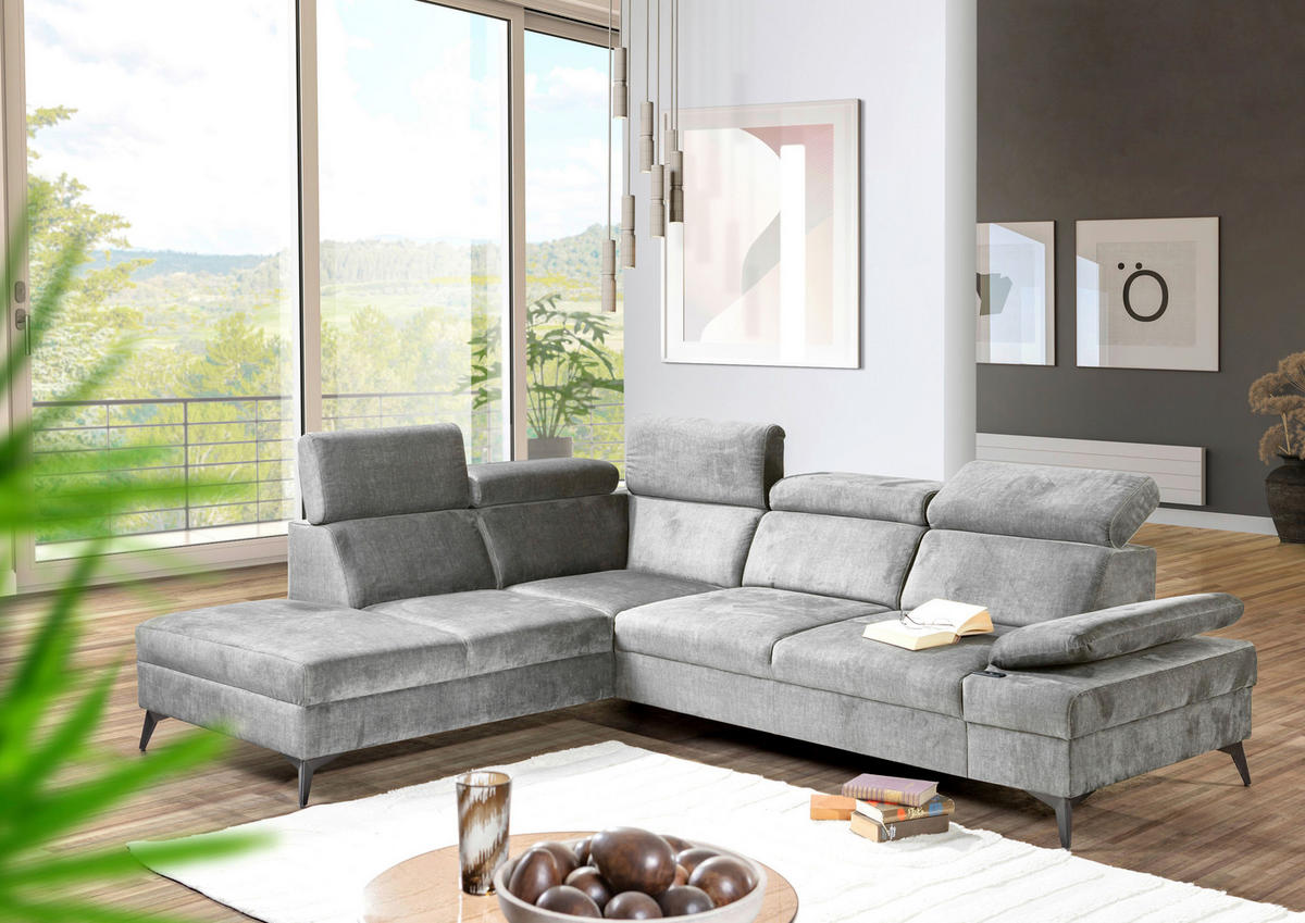 ECKSOFA Greige Flachgewebe Rücken echt, Kopfteilverstellung, Sitzvorzug  - Greige/Schwarz, MODERN, Textil/Metall (210/258cm) - Landscape