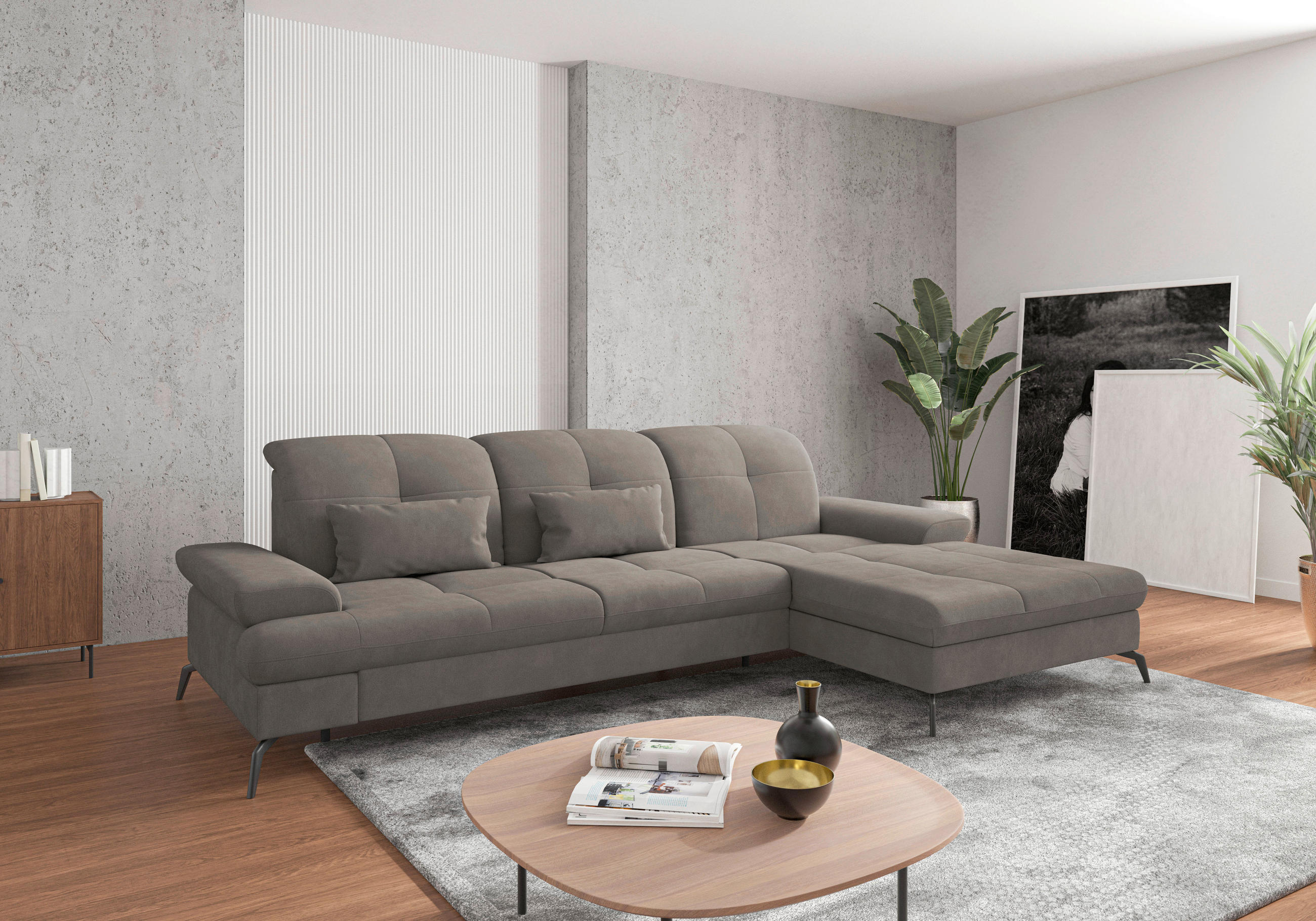 ECKSOFA Schlammfarben Flachgewebe Armteilverstellung, Sitztiefenverstellung  - Schlammfarben/Schwarz, KONVENTIONELL, Textil/Metall (279/185cm) - Sit & More