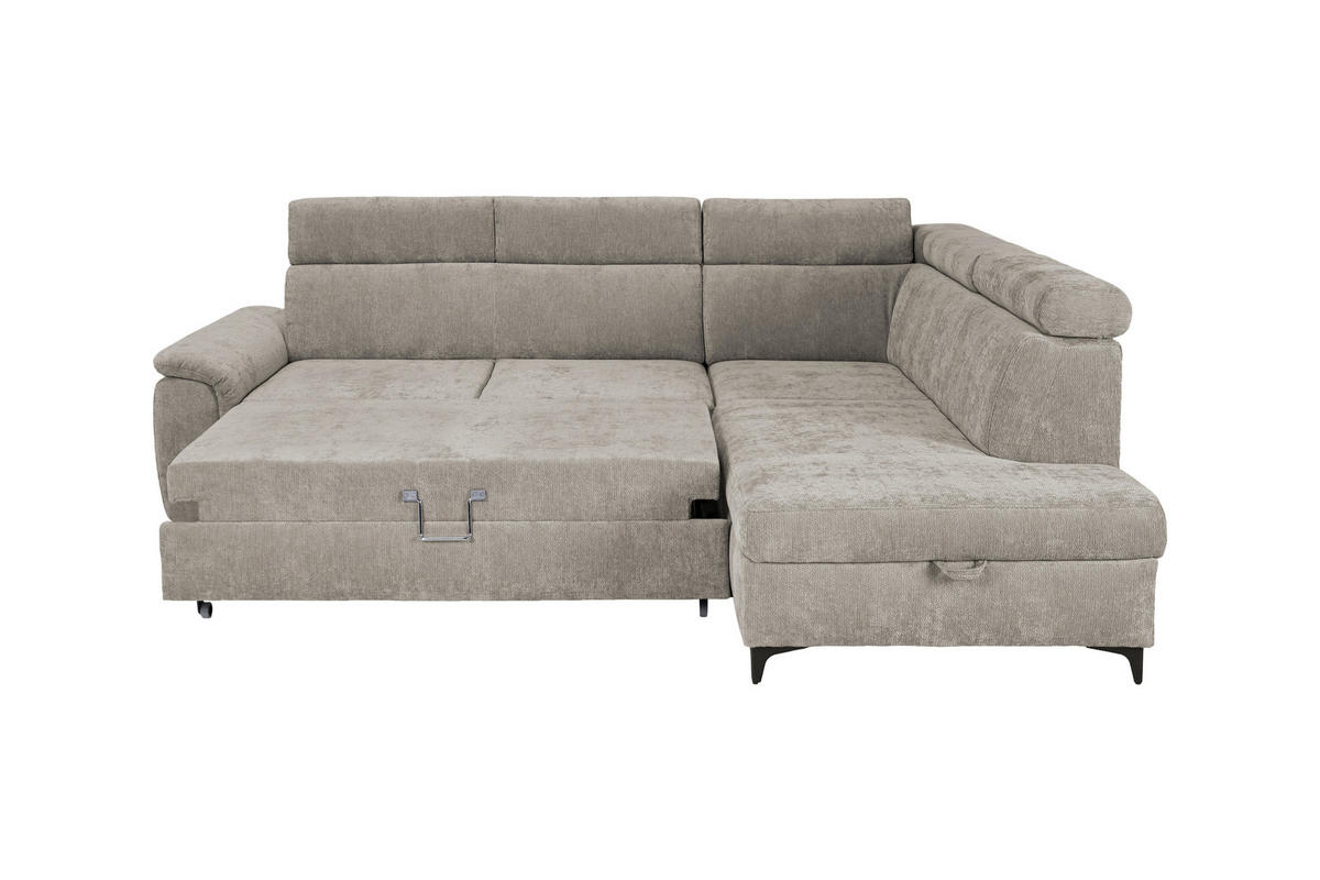 ECKSOFA Taupe Chenille Bettkasten, Schlaffunktion, Rücken echt, Kopfteilverstellung, Liegefläche im Originalstoff  - Taupe/Schwarz, KONVENTIONELL, Textil/Metall (265/206cm) - Carryhome