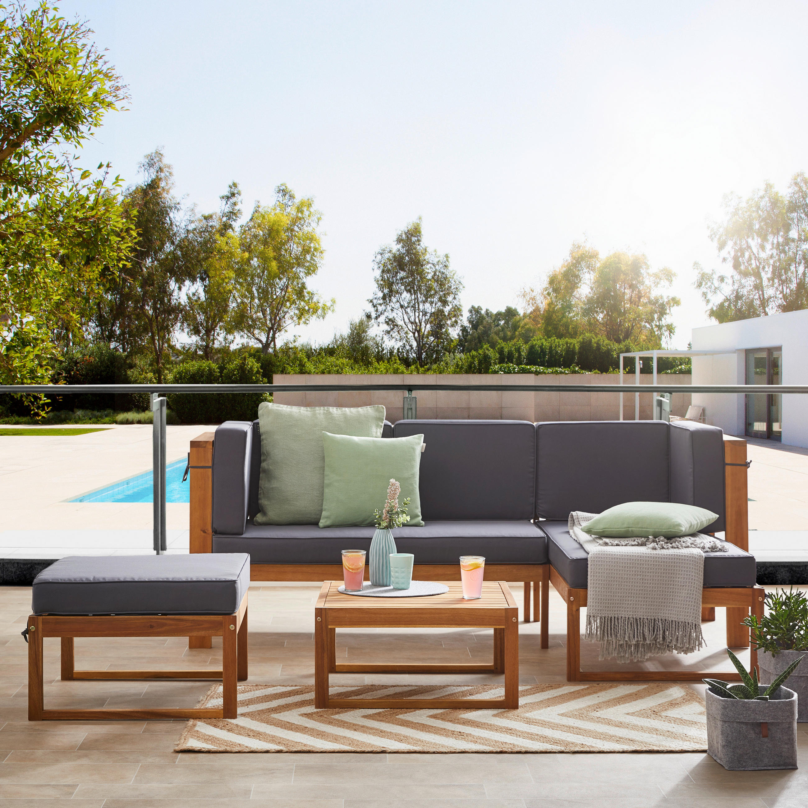 TERASOVÁ SEDACIA SÚPRAVA 4-dielne, drevo, textil - farba akácie/sivá, Natur, drevo/textil (199/123,5cm) - Ambia Garden