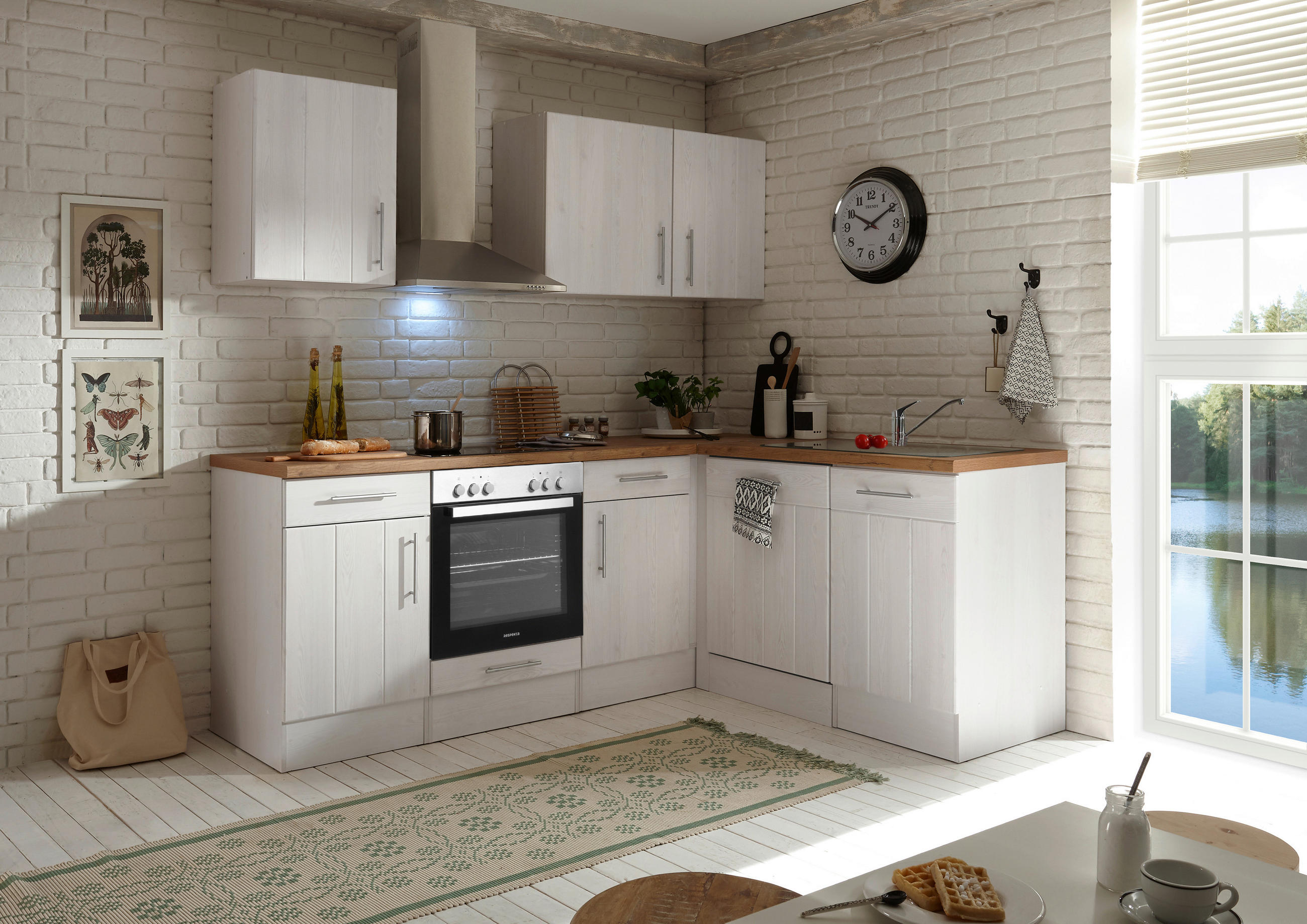 Eckküche Anton Landhaus 220/172 cm  in Weiß, Lärchefarben  - Wildeiche/Edelstahlfarben, Basics, Holzwerkstoff/Metall (220/172cm) - Respekta