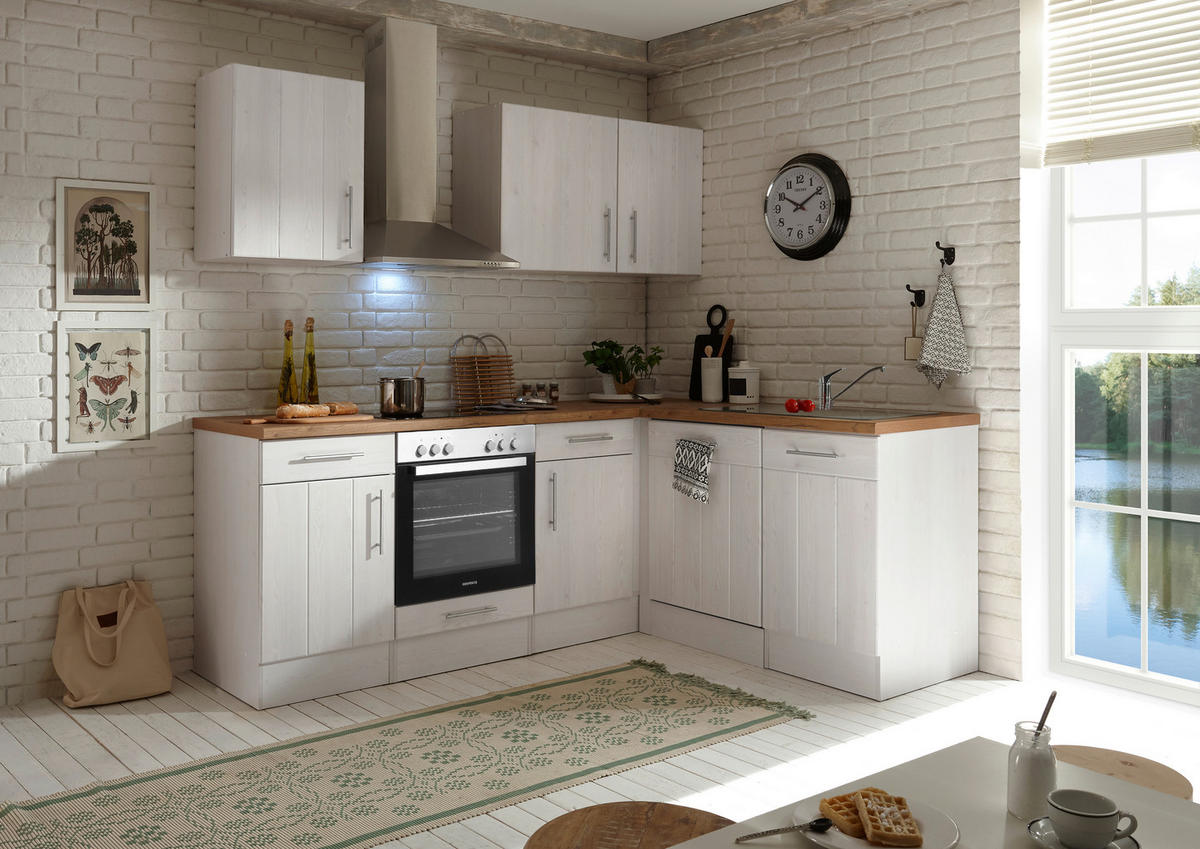 Eckküche Anton Landhaus 220/172 cm  in Weiß, Lärchefarben  - Wildeiche/Edelstahlfarben, Basics, Holzwerkstoff/Metall (220/172cm) - Respekta