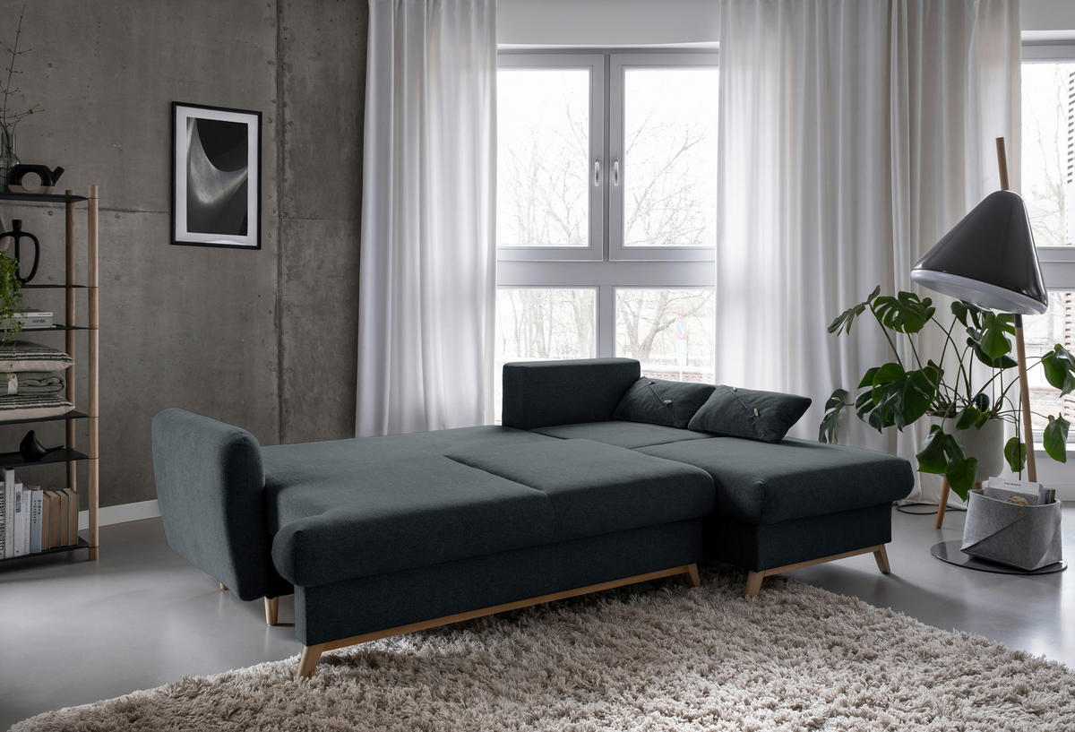 KUTNA GARNITURA tekstil  tamno siva   - tamno siva/prirodne boje, tekstil/drvo (235/157cm) - MID.YOU