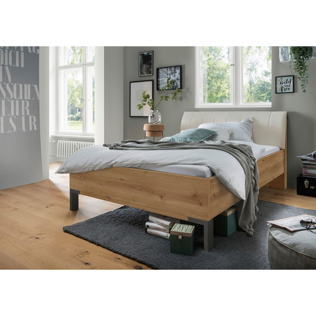 Thumbnail - Dieter Knoll Bett, Champagner, Eiche Bianco, Textil, 140x200 cm, ISO 9001, Goldenes M, Made in Germany, gepolstertes Kop...