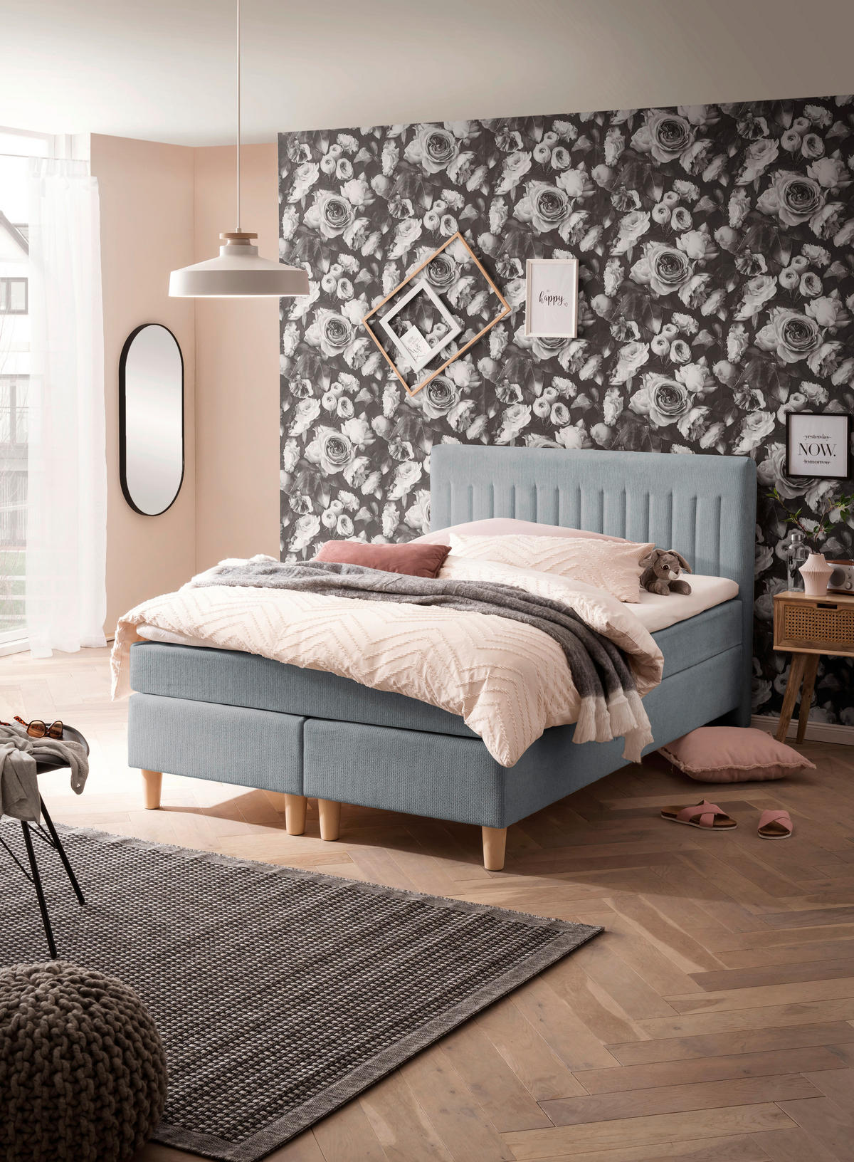BOXSPRINGBETT 140/200 cm  in Platinfarben  - Platinfarben/Buchefarben, Basics, Holz/Textil (140/200cm) - Boxxx