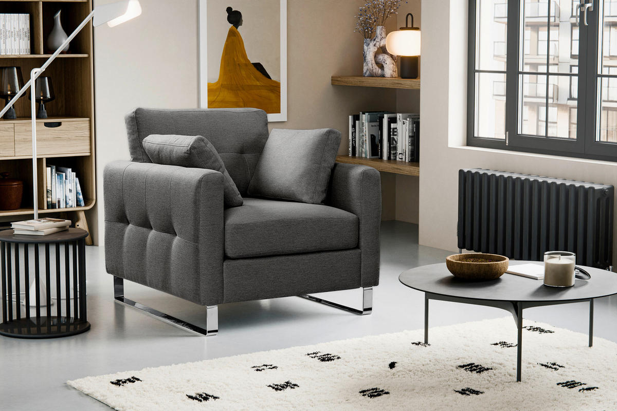 1,5-SITZER HERA Flachgewebe Grau  - Chromfarben/Grau, Basics, Textil/Metall (93/92/94cm) - MID.YOU