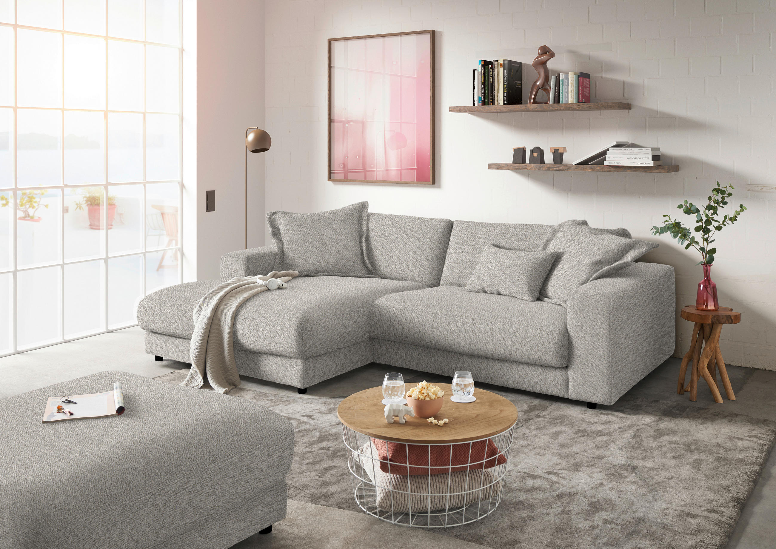 ECKSOFA in Flachgewebe Hellgrau  - Hellgrau/Schwarz, Design, Kunststoff/Textil (190/270cm) - Lomoco