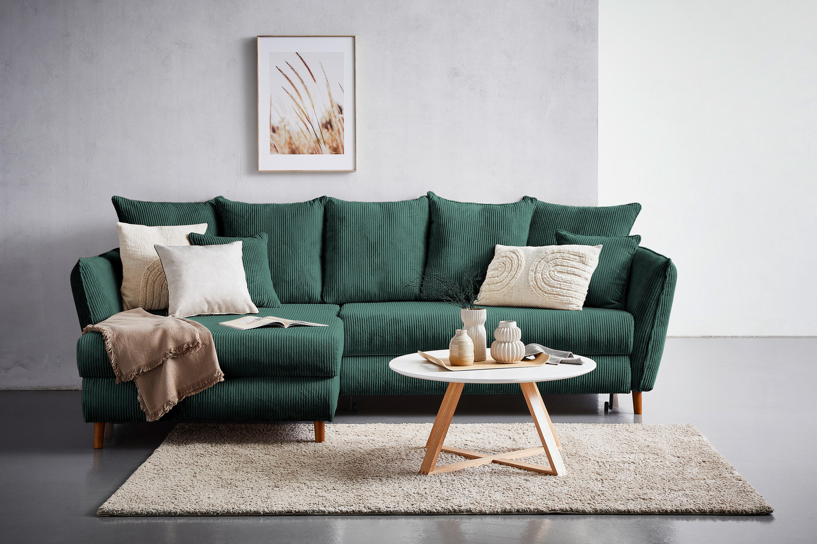 ECKSOFA Dunkelgrün Cord  - Dunkelgrün/Eichefarben, KONVENTIONELL, Holz/Textil (162/284cm) - Carryhome