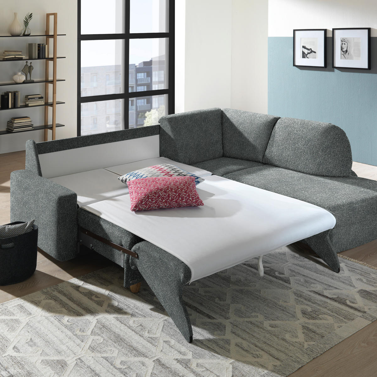 ECKSOFA  in Mikrovelours Graugrün  227/208 cm  - Eichefarben/Rot, KONVENTIONELL, Holz/Textil (227/208cm) - Sedda