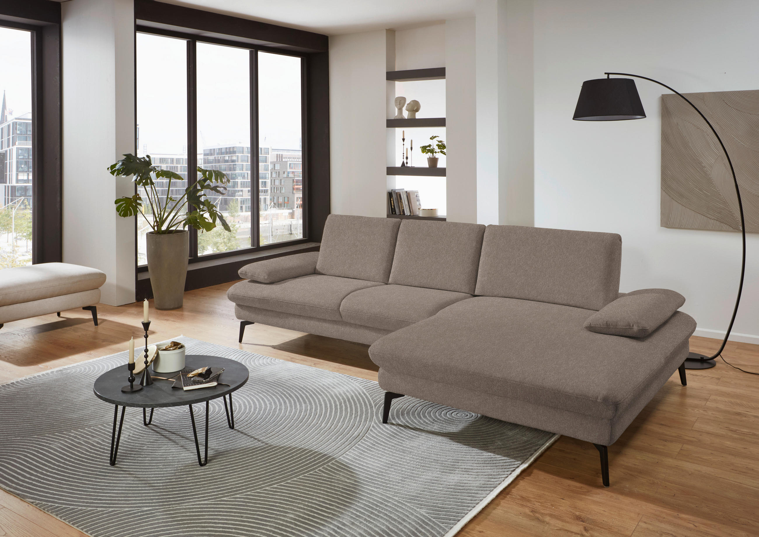 ECKSOFA in Chenille, Mikrofaser Greige  - Greige/Schwarz, Design, Textil/Metall (299/157cm) - Dieter Knoll