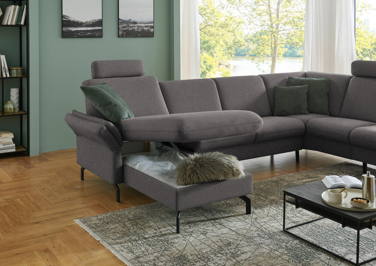 WOHNLANDSCHAFT Flachgewebe Dunkelbraun  - Dunkelbraun/Schwarz, Konventionell, Textil/Metall (170/307/190cm) - Beldomo Comfort