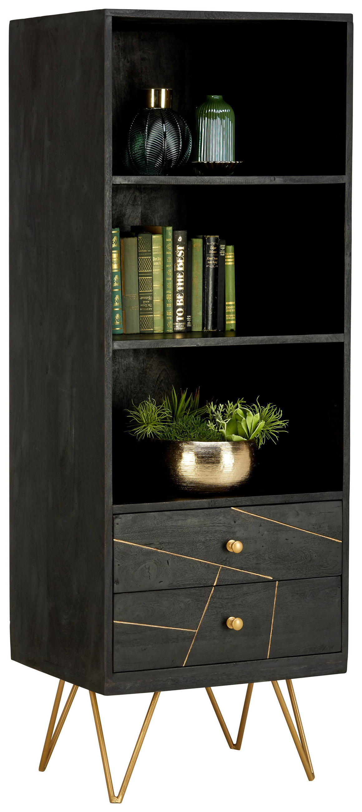 REGAL Akazie massiv Schwarz, Goldfarben - Goldfarben/Schwarz, Trend, Holz/Metall (55/153/43cm) - Ambia Home