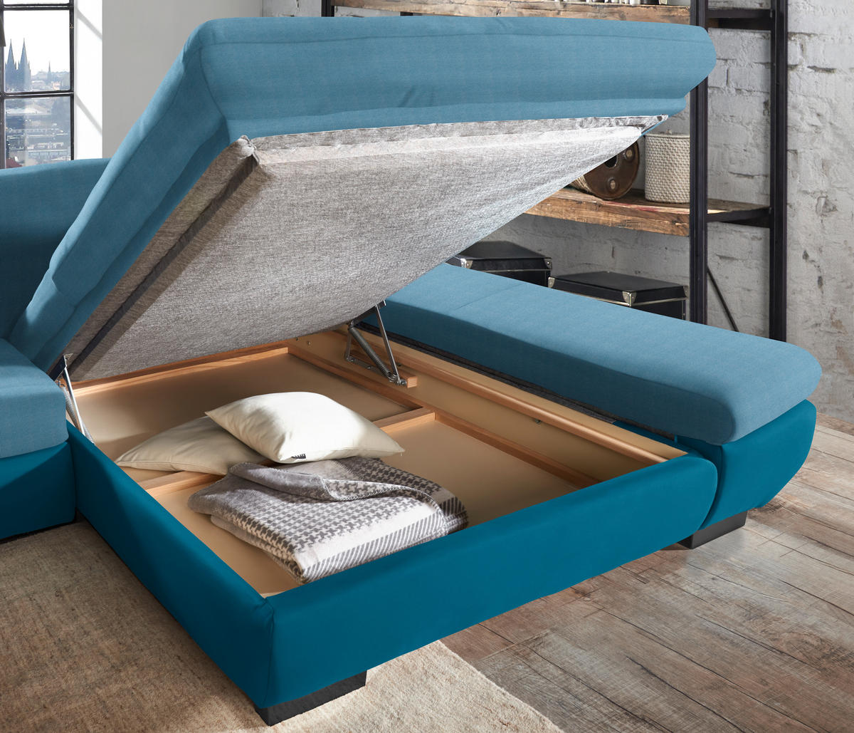 ECKSOFA in Mikrofaser Hellblau  204/341 cm  - Schwarz/Hellblau, Design, Textil/Metall (204/341cm) - Xora