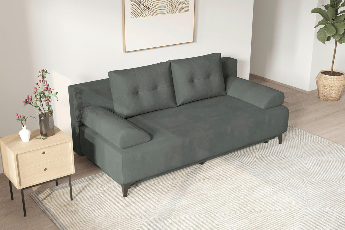 SCHLAFSOFA  mit Liegefunktion Velours Grau  - Schwarz/Grau, KONVENTIONELL, Textil/Metall (200/98/90cm) - Carryhome
