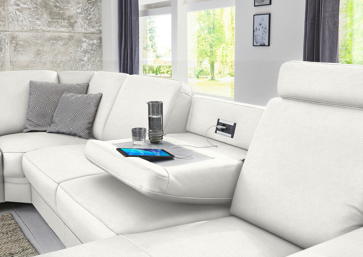 WOHNLANDSCHAFT Echtleder Weiss  - Weiss/Alufarben, Konventionell, Leder/Metall (239/329/165cm) - Beldomo Premium