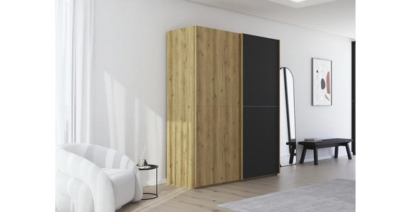 SCHWEBETÜRENSCHRANK 180/223/68 cm 2-türig Schwarz, Eichefarben  - Eichefarben/Schwarz, Design, Glas/Holz (180/223/68cm) - Novel