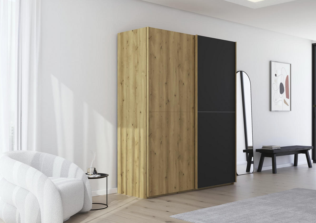 SCHWEBETÜRENSCHRANK 180/223/68 cm 2-türig Schwarz, Eichefarben  - Eichefarben/Schwarz, Design, Glas/Holz (180/223/68cm) - Novel