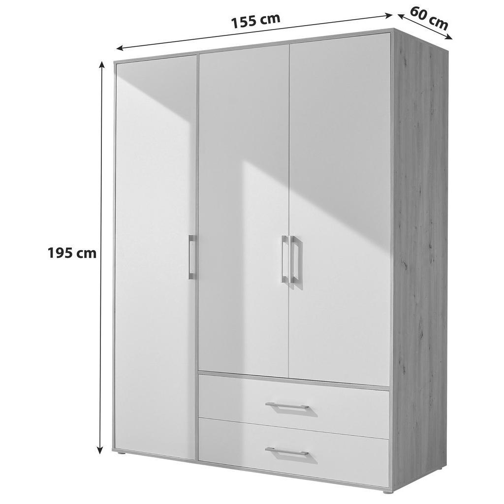 Thumbnail - Boxxx Kleiderschrank, Weiß, Eiche San Remo, Alu, Holzwerkstoff, 4 Fächer, 2 Schubladen, 155x195x60 cm, in verschiedenen ...
