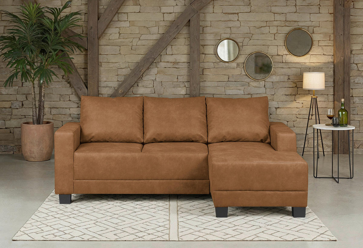 ECKSOFA  in Mikrofaser Cognac  200/144 cm  - Cognac/Braun, Design, Holz/Textil (200/144cm) - MID.YOU