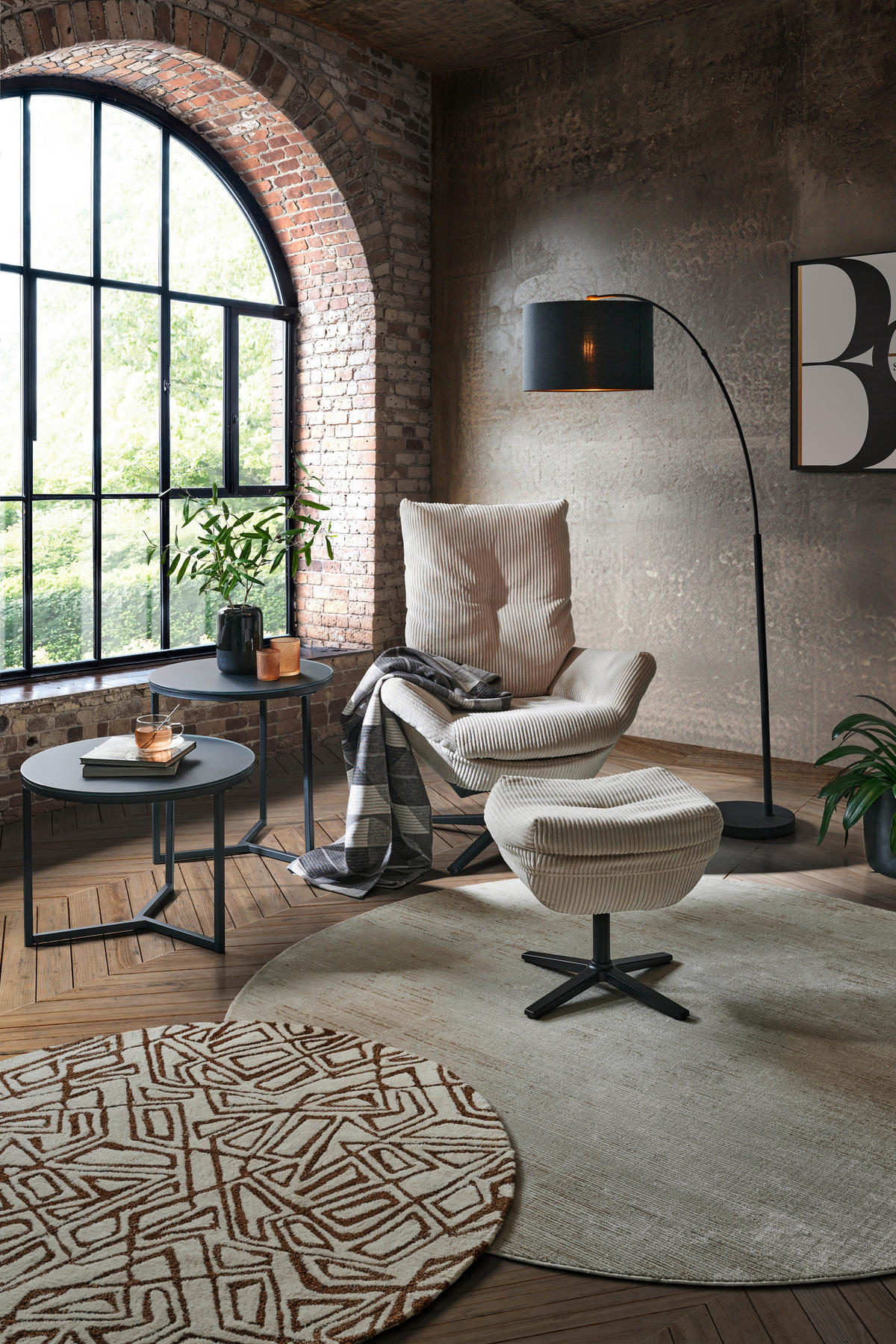 RELAXSESSELSET Cord Relaxfunktion, Hocker    - Beige/Schwarz, Design, Textil/Metall (77/100/78cm) - Carryhome