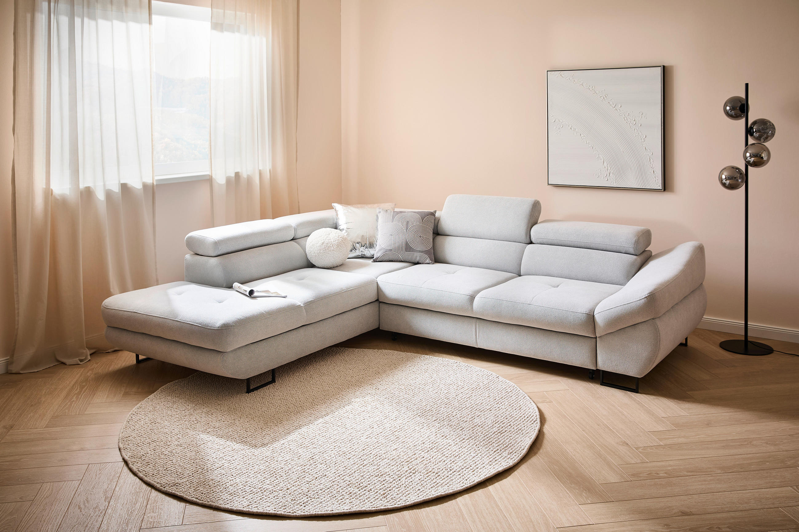 Thumbnail - Hom`in Ecksofa, Hellgrau, Textil, 5-Sitzer, Ottomane links, L-Form, 280x235 cm, Fußauswahl, Stoffauswahl, Liegefunktion,...