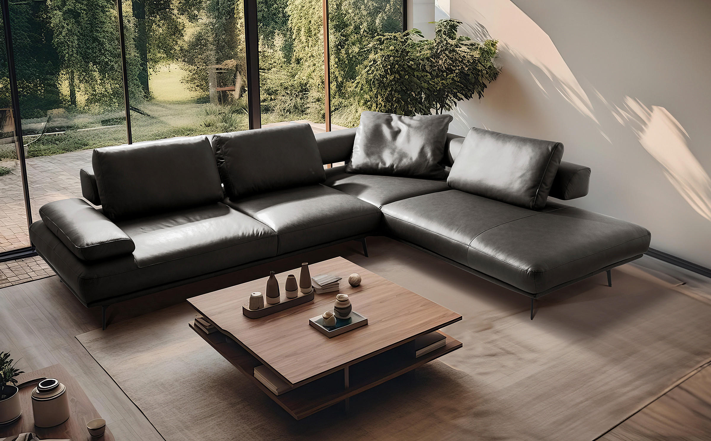 ECKSOFA  in Echtleder Anthrazit  306/237 cm  - Anthrazit/Schwarz, Design, Leder/Metall (306/237cm) - Livetastic