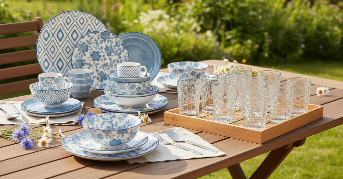 KOMPLETT SERVIS 30 delar  - vit/blå, Lifestyle, keramik - Novel