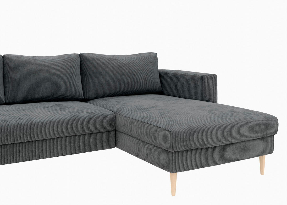 WOHNLANDSCHAFT Dunkelgrau Cord  - Dunkelgrau/Buchefarben, MODERN, Holz/Textil (161/306/161cm) - Trendmanufaktur