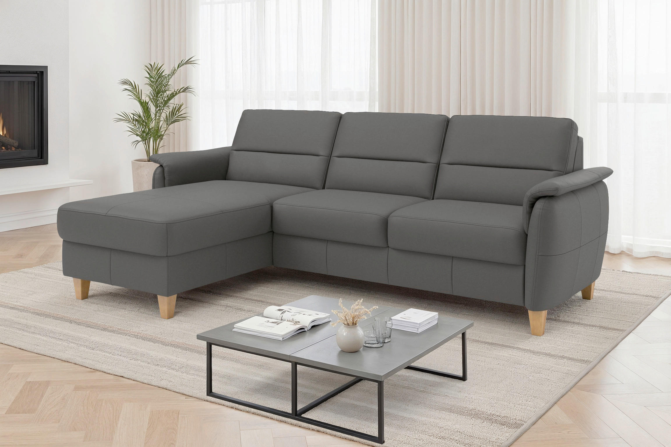 ROHOVÁ SEDAČKA, koža, mokka - farba duba/mokka, Basics, koža/drevo (163/244cm) - Sit & More