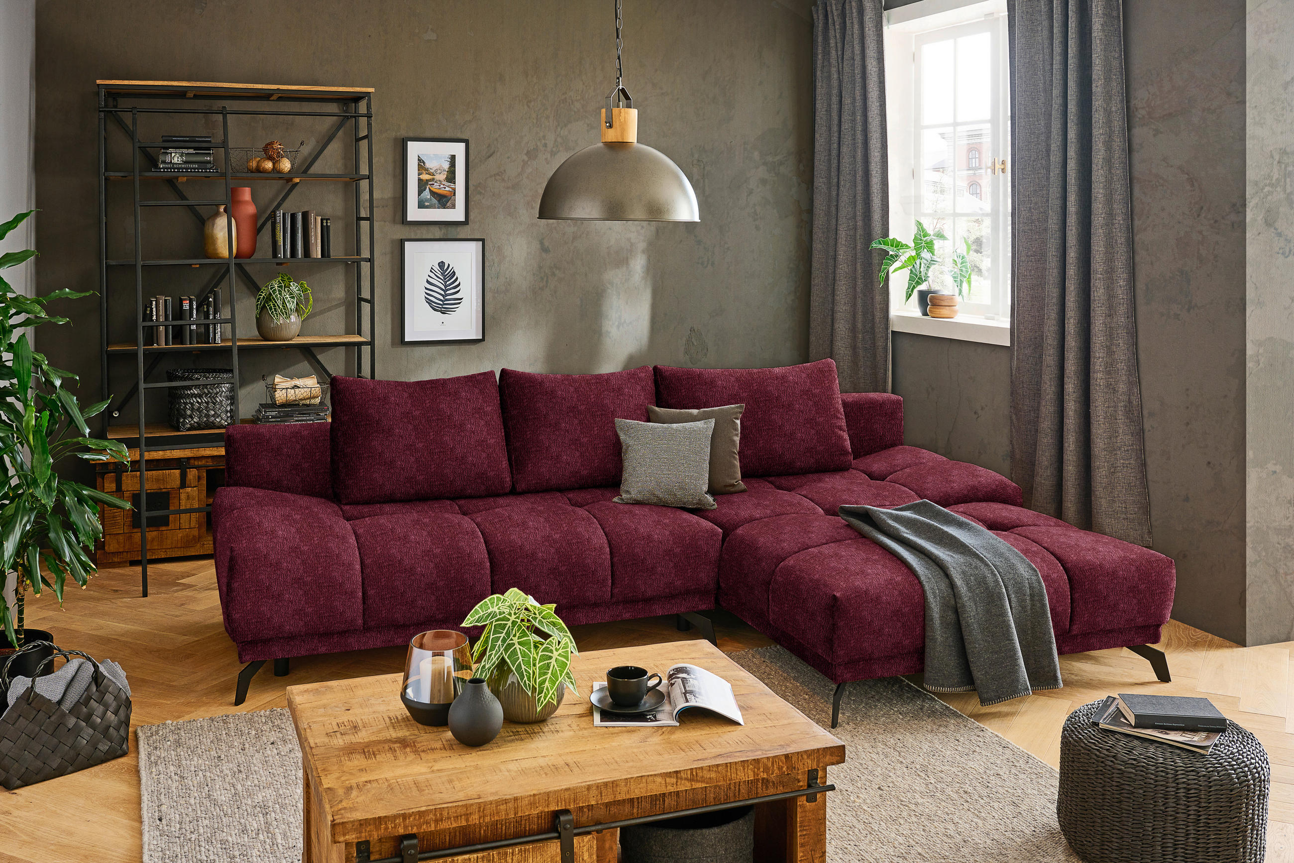 ECKSOFA in Chenille Dunkelrot  - Schwarz/Dunkelrot, Modern, Textil/Metall (290/182cm) - Hom`in