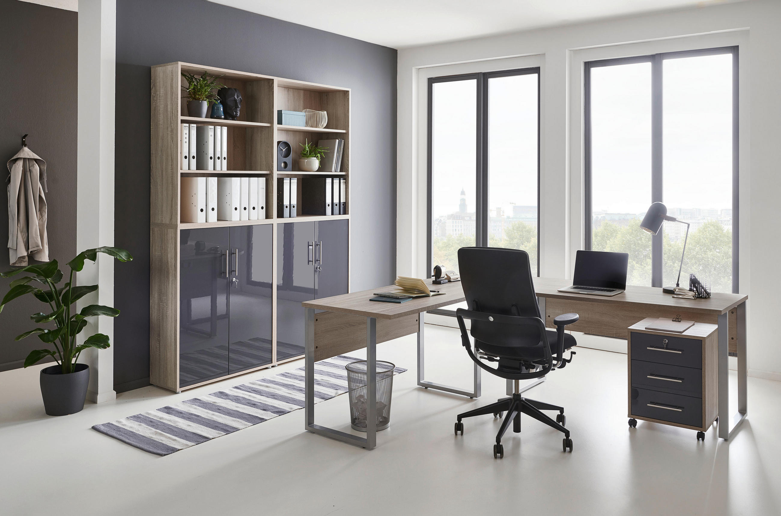 BÜRO erweiterbar, abschließbar Sonoma Eiche, Anthrazit Hochglanz - Anthrazit Hochglanz/Sonoma Eiche, MODERN, Holzwerkstoff/Metall - MID.YOU