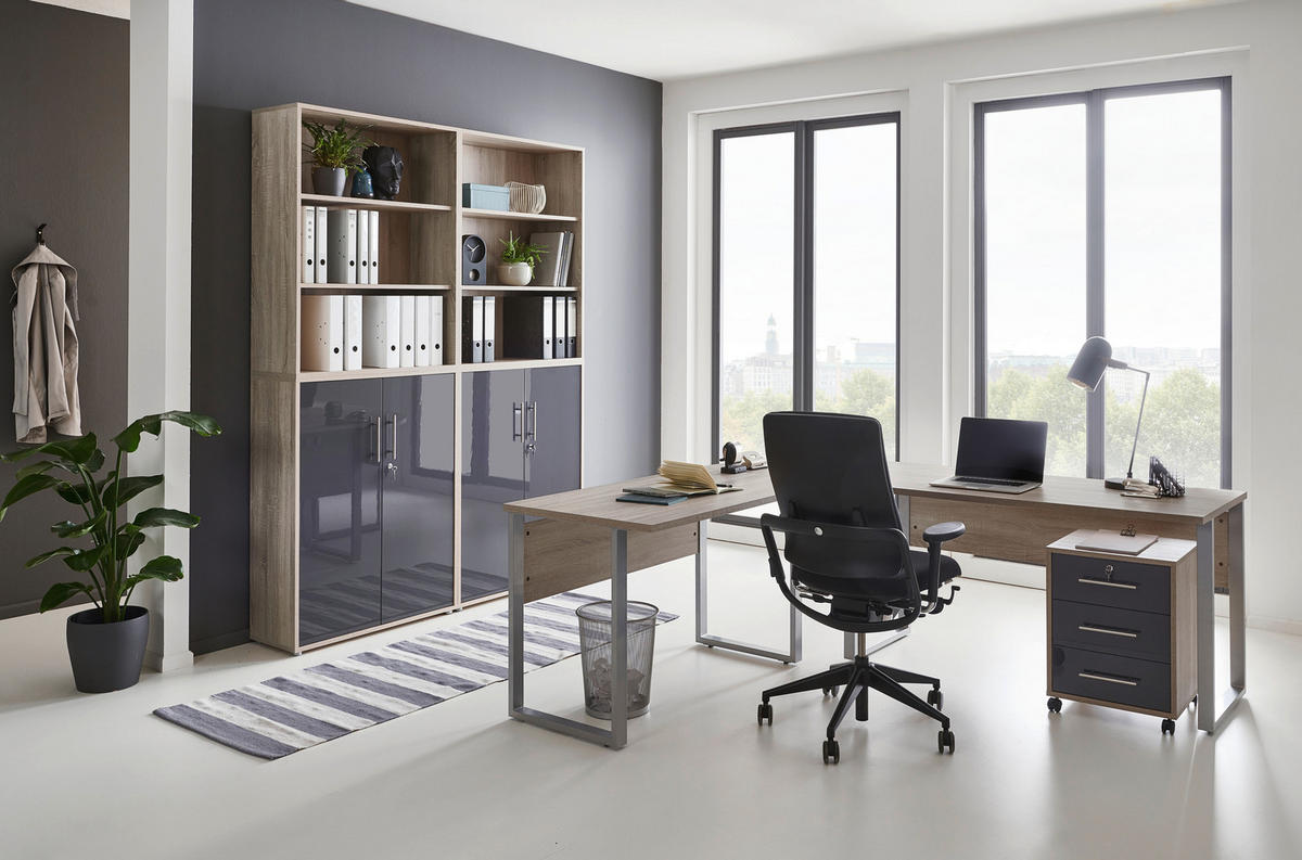 BÜRO erweiterbar, abschließbar Sonoma Eiche, Anthrazit Hochglanz - Anthrazit Hochglanz/Sonoma Eiche, MODERN, Holzwerkstoff/Metall - MID.YOU