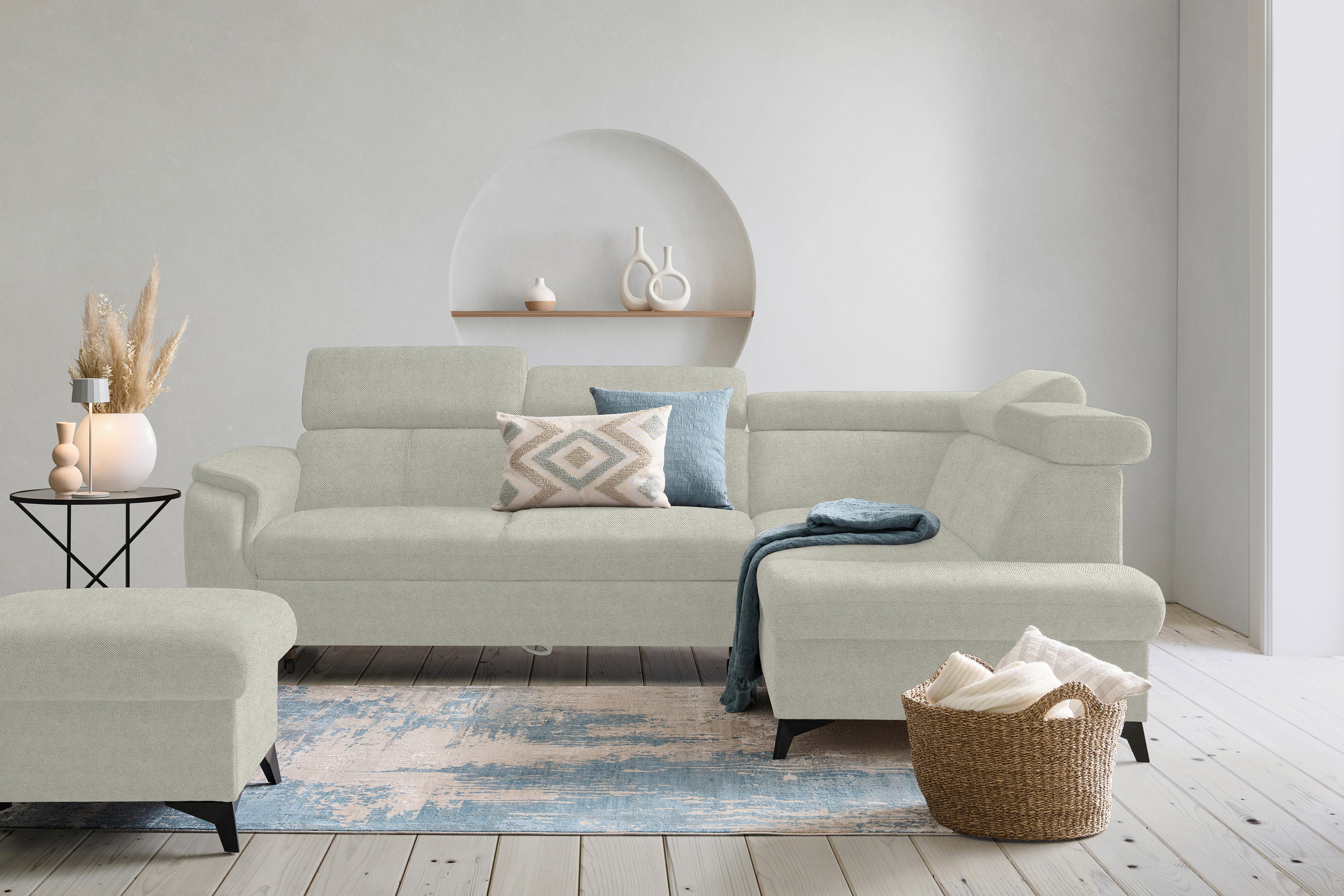 ECKSOFA in Webstoff Ecru  - Ecru/Schwarz, Design, Textil/Metall (260/203cm) - Stylife
