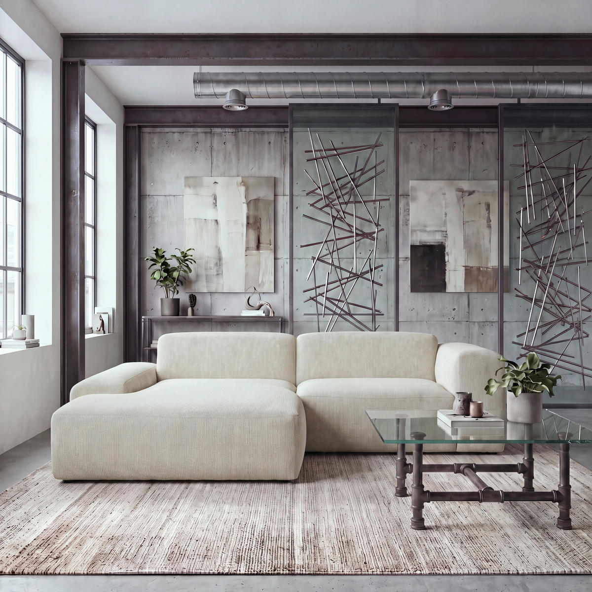 ECKSOFA HANNAH Beige Cord  - Beige/Schwarz, Design, Kunststoff/Textil (170/252cm) - MID.YOU