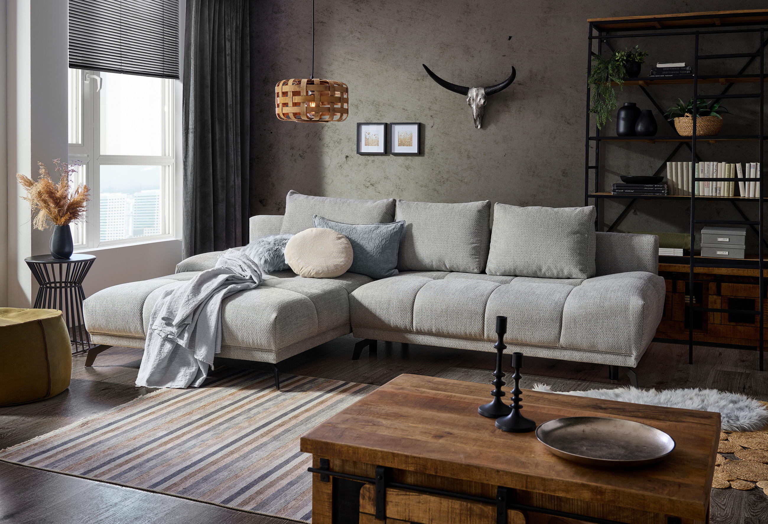 ECKSOFA in Chenille Grau  - Schwarz/Grau, Modern, Textil/Metall (182/290cm) - Hom`in