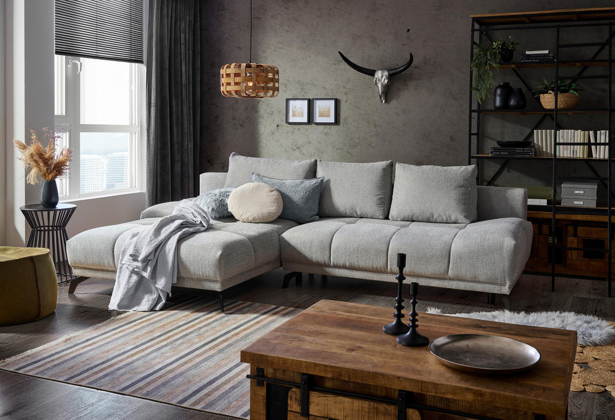 ECKSOFA in Chenille Grau  - Schwarz/Grau, Modern, Textil/Metall (182/290cm) - Hom`in