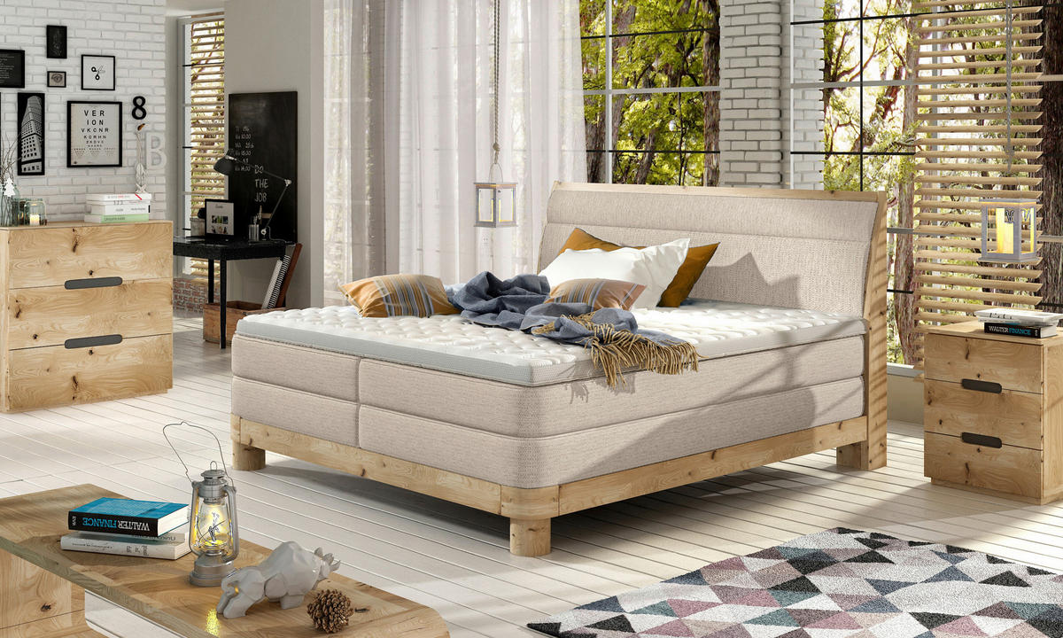 BOXSPRINGBETT 160/200 cm,  in Beige, gepolstertes Kopfteil, Topper, Matratzen, H3 + H3 = fest  - Eichefarben/Beige, Natur, Holz/Textil (160/200cm) - Valnatura
