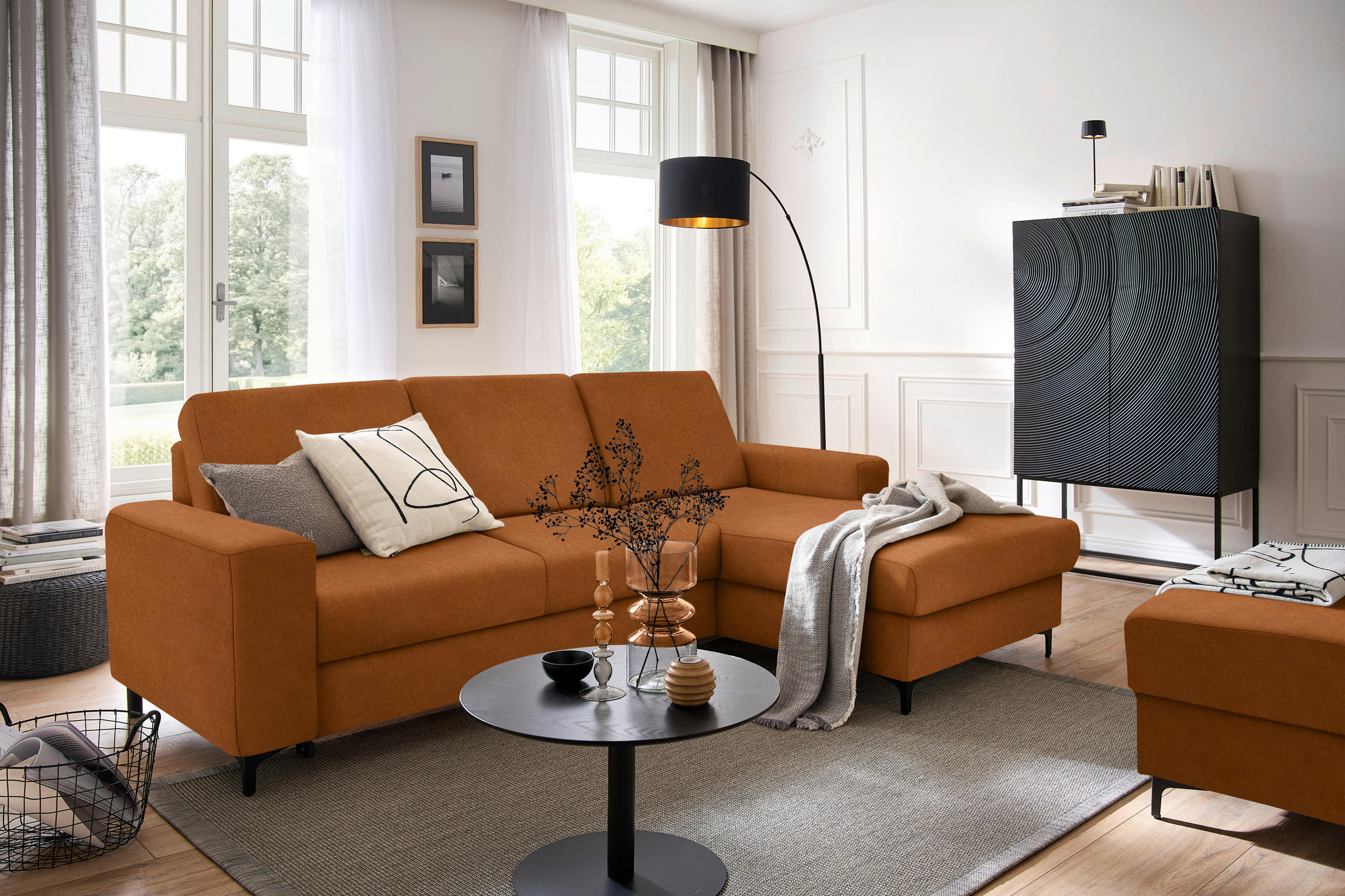 ECKSOFA Cognac Velours  - Cognac/Schwarz, KONVENTIONELL, Textil/Metall (247/167cm) - Stylife