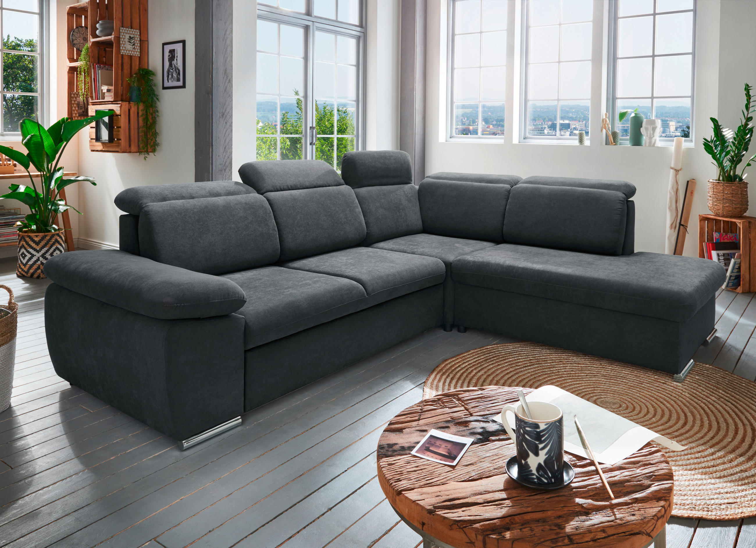 ECKSOFA in Mikrofaser Anthrazit  - Chromfarben/Anthrazit, Design, Textil/Metall (283/228cm) - Livetastic