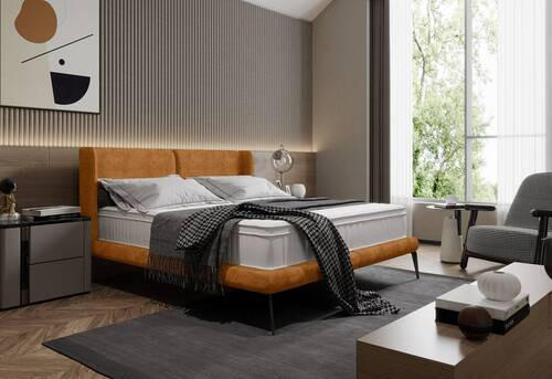 KÁRPITOZOTT ÁGY 180/200 cm  currysárga  - fekete/currysárga, Modern, textil/fém (180/200cm) - Livetastic