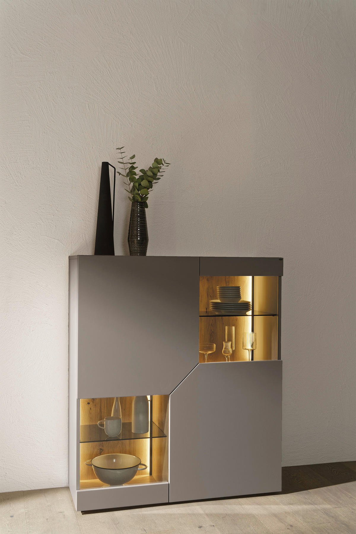 HIGHBOARD Grau, Wildeiche  112/130/43 cm  - Wildeiche/Grau, Design, Glas/Holz (112/130/43cm) - Voglauer