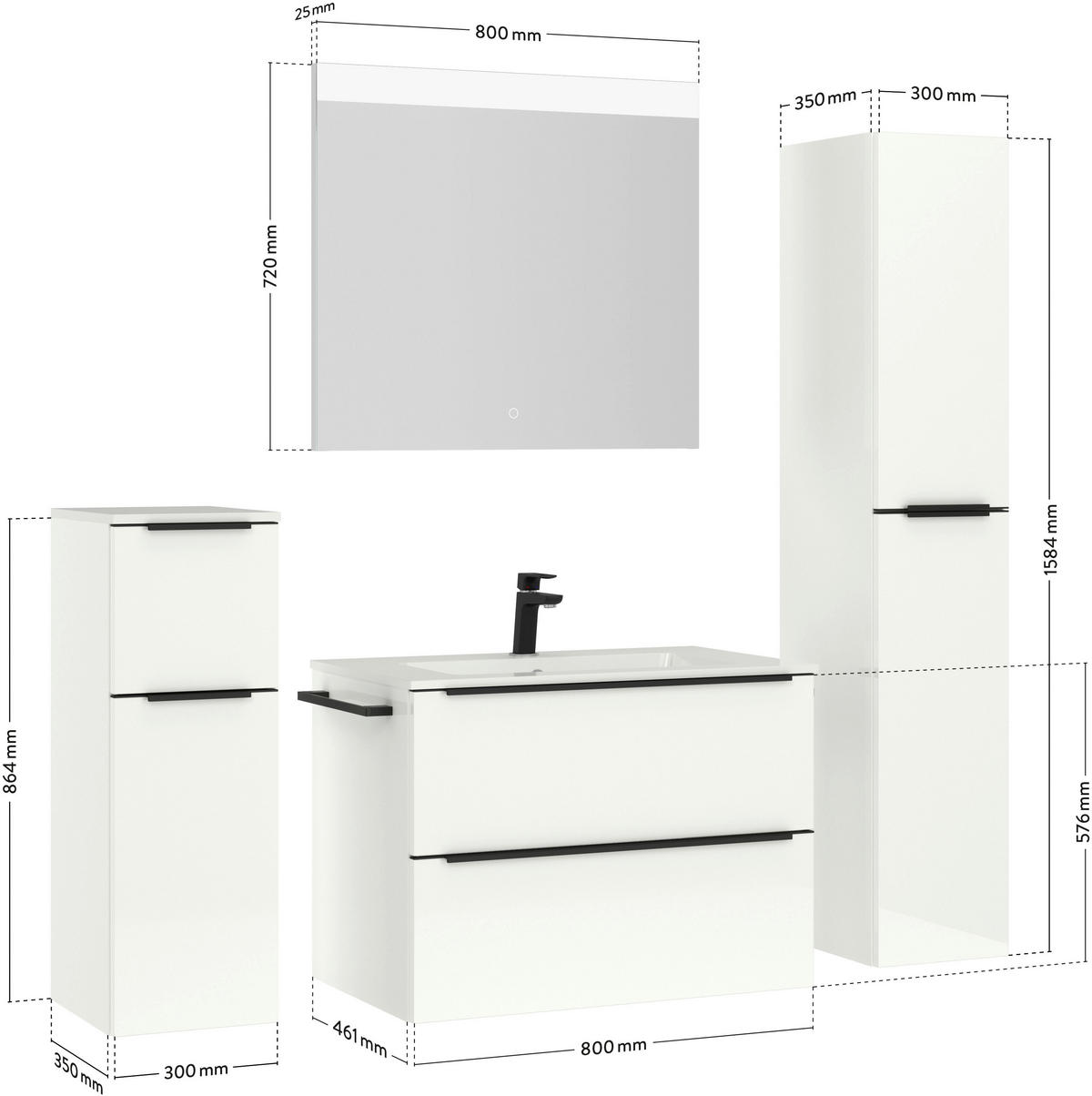 BADEZIMMER 5-teilig  in 141 cm  - Weiß Hochglanz/Schwarz, MODERN, Holzwerkstoff/Stein (141cm) - Nobilia
