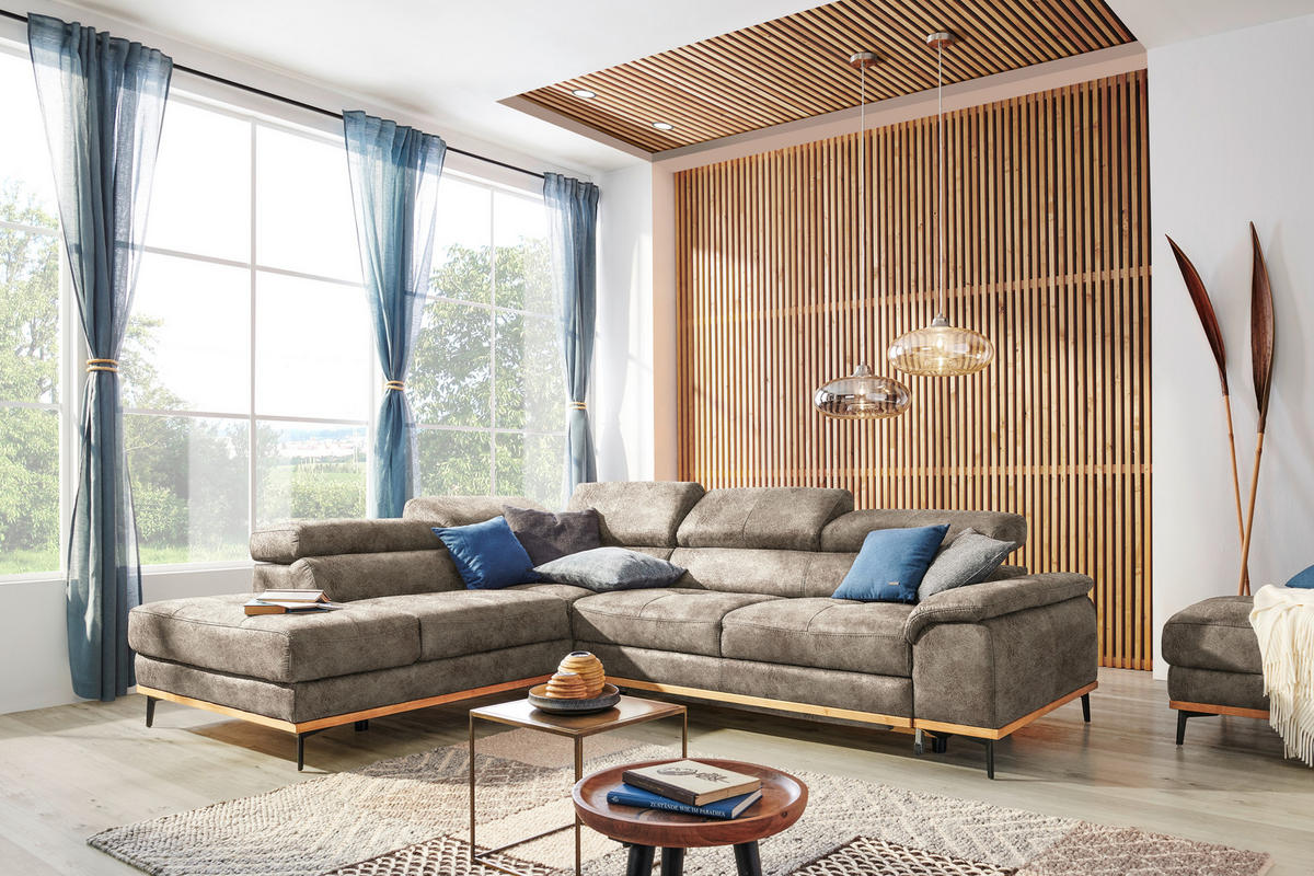 ECKSOFA in Lederlook Hellbraun  - Hellbraun/Schwarz, Natur, Holz/Textil (226/282cm) - Novel